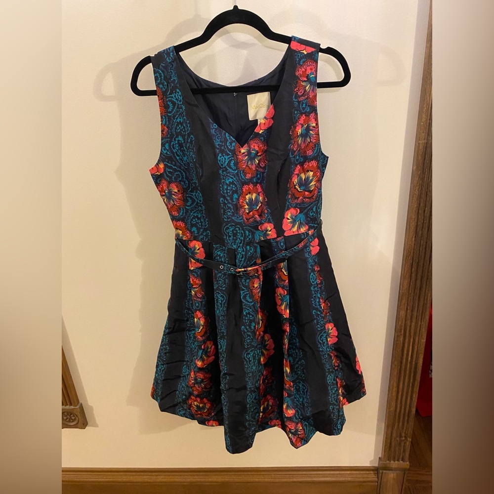 Bright Teal Floral Print Belted Dress